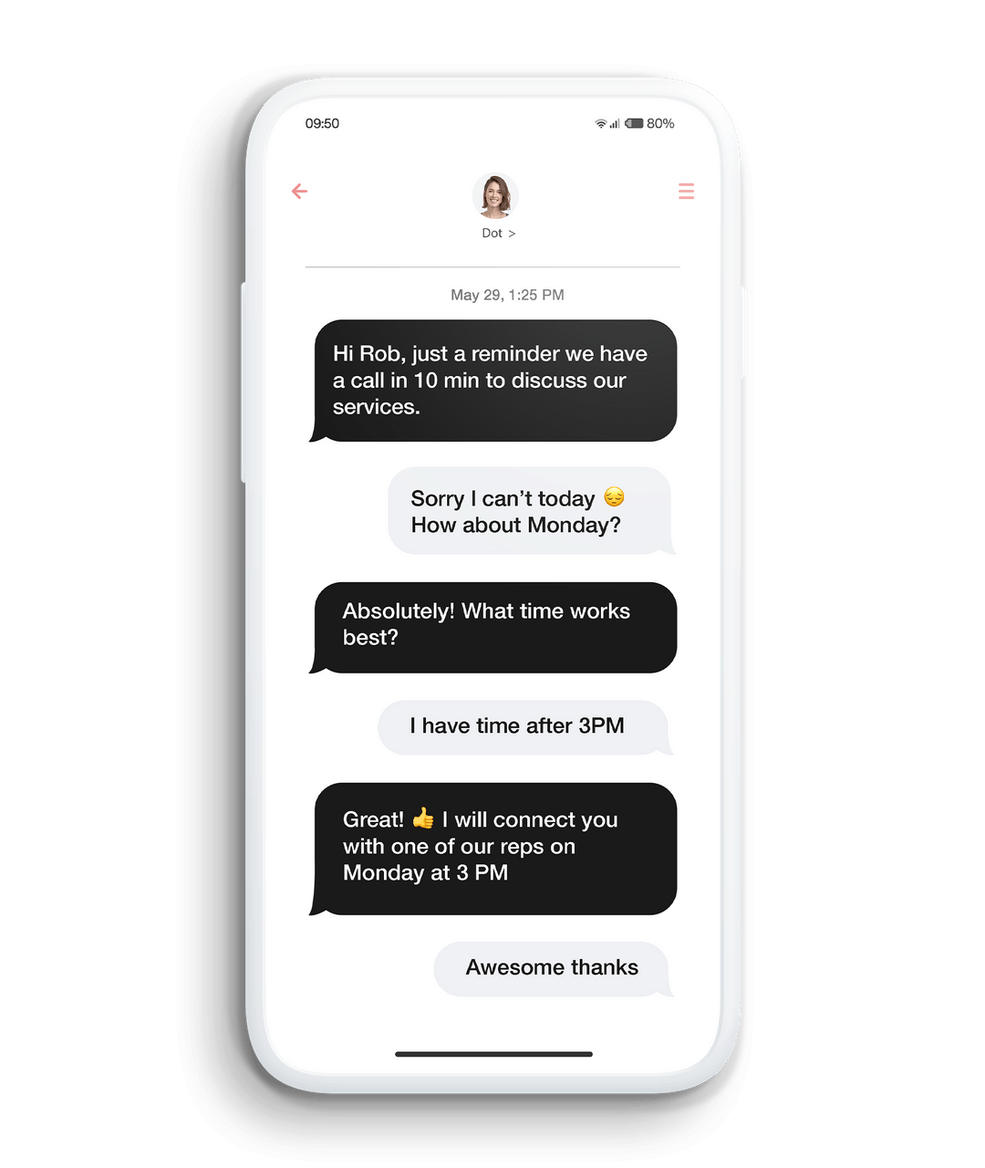 a phone displays a text message with a conversational AI agent